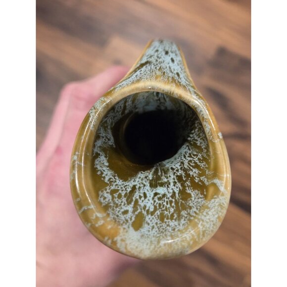 Vintage USA Drip Glaze Pottery Ewer Vase Olive Green Aqua MCM 9” Pitcher - Picture 5 of 9